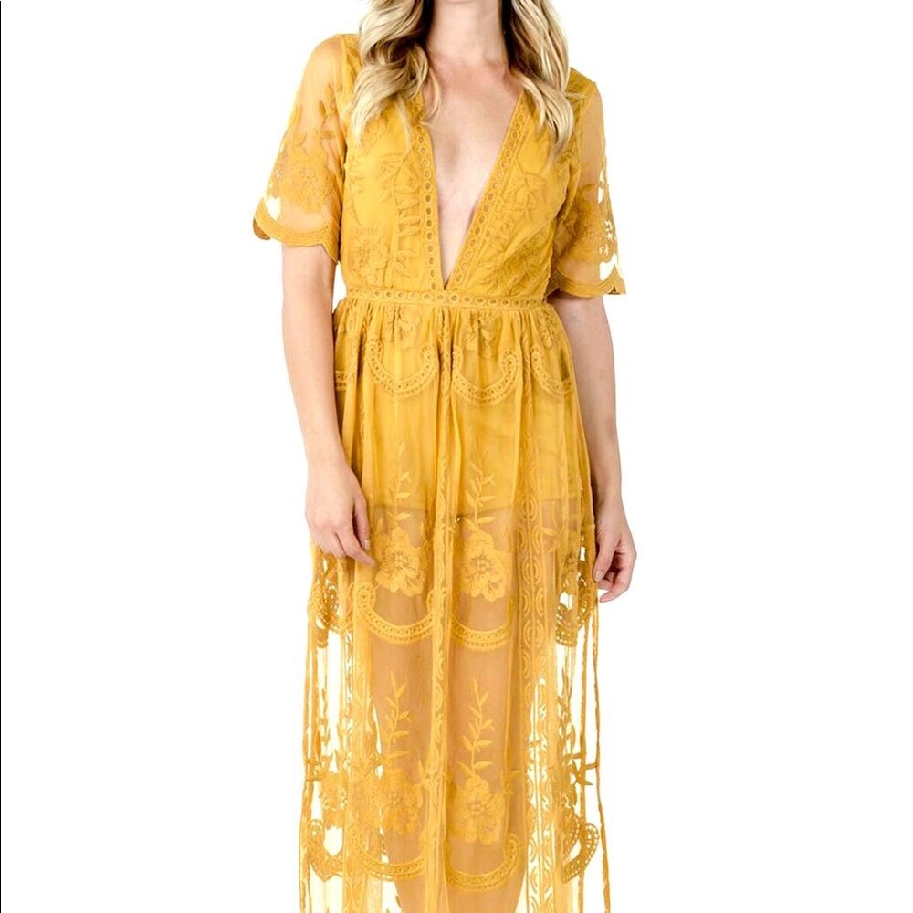 Mustard Lace Overlay Romper Maxi